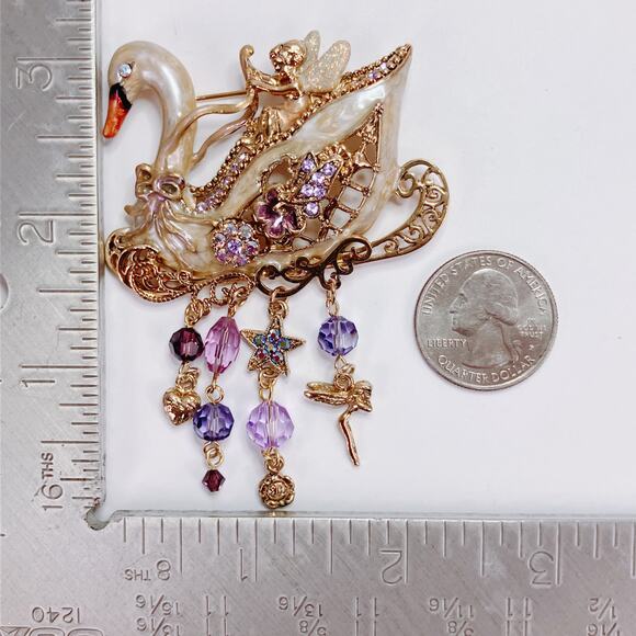 Vintage Signed Kirk's Folly Fairy Swan Sleigh Brooch Gold Tone Rhinestone Whimsy - Picture 10 of 10